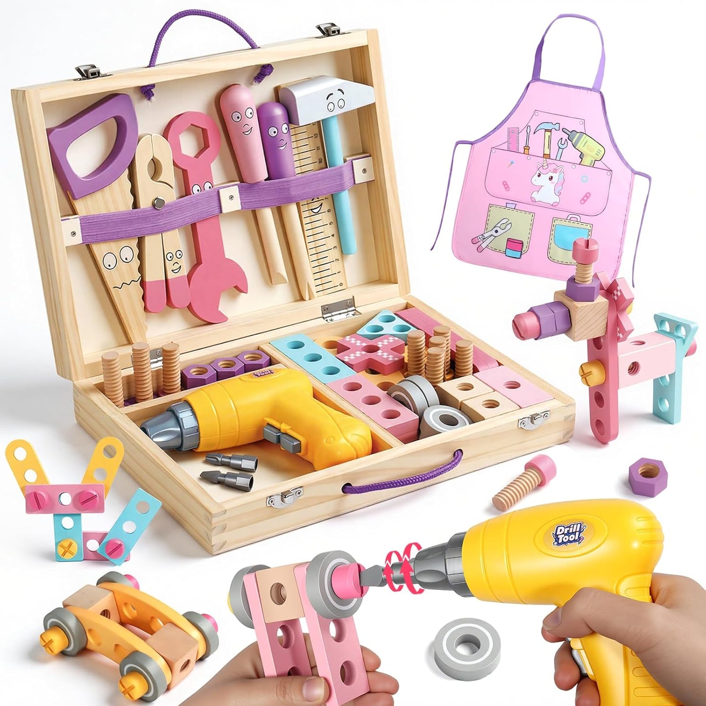44-Piece Wooden Kids Tool Set with Drill – Montessori STEM Toy for Girls (Pink)